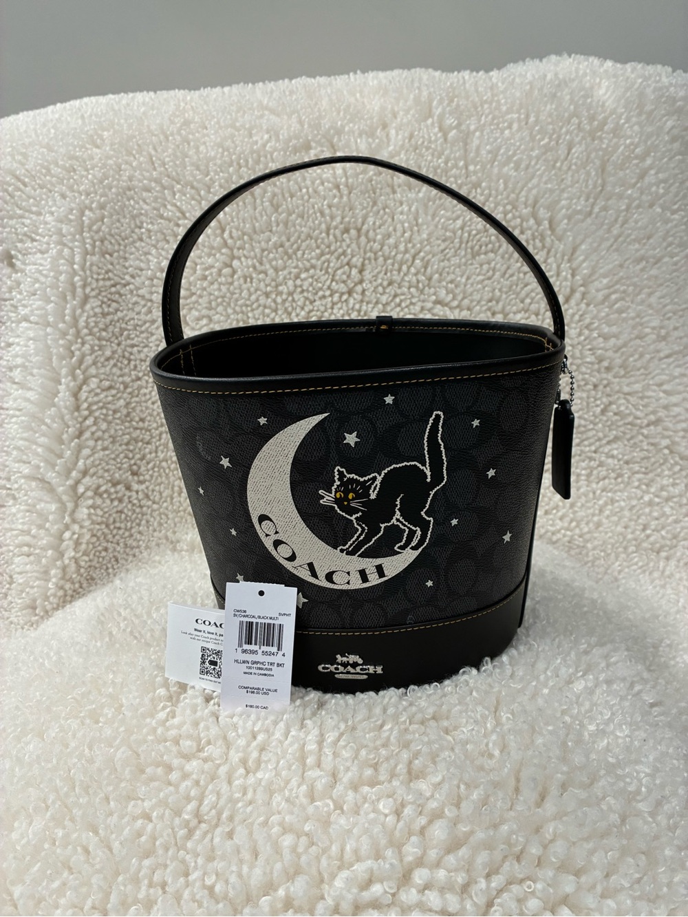 Coach Halloween Black Cat Moon Bucket Bah NWT